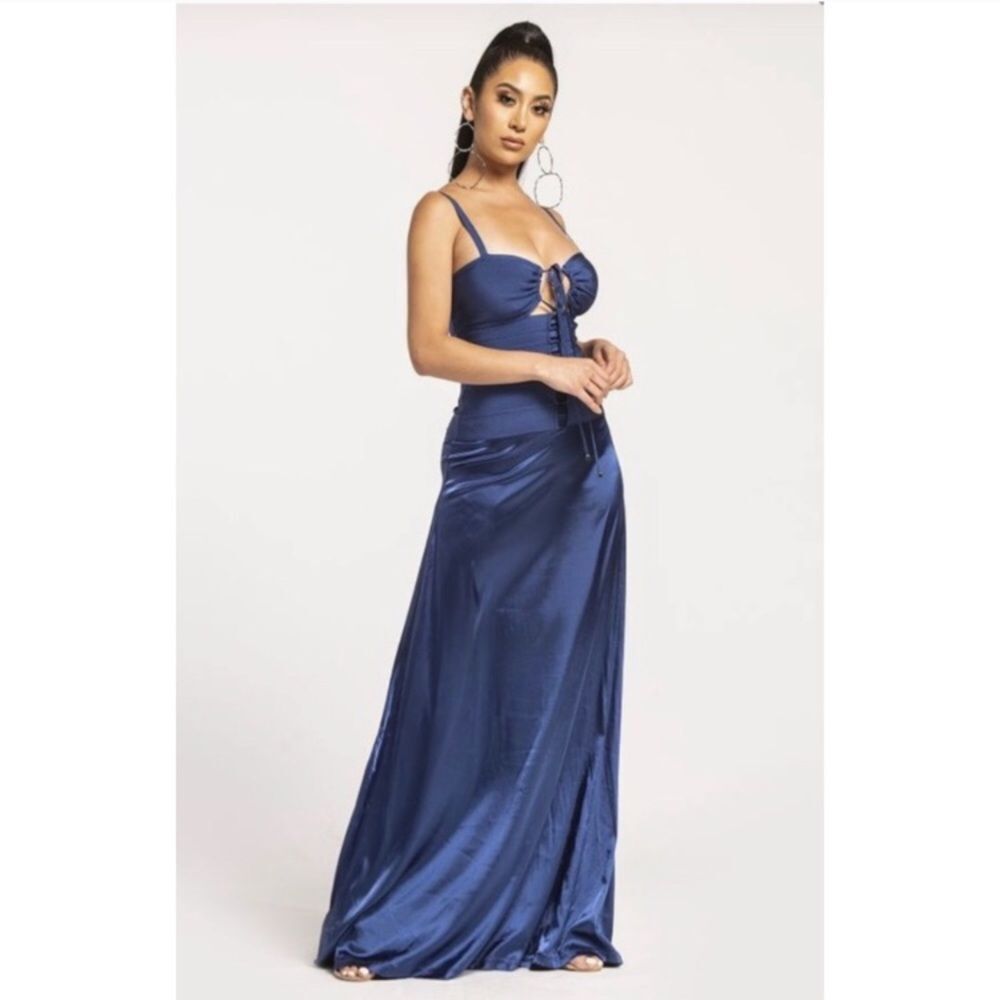 NWT Navy Blue Bandage Corset Satin Wow Couture Maxi Corset Style Front Lace up